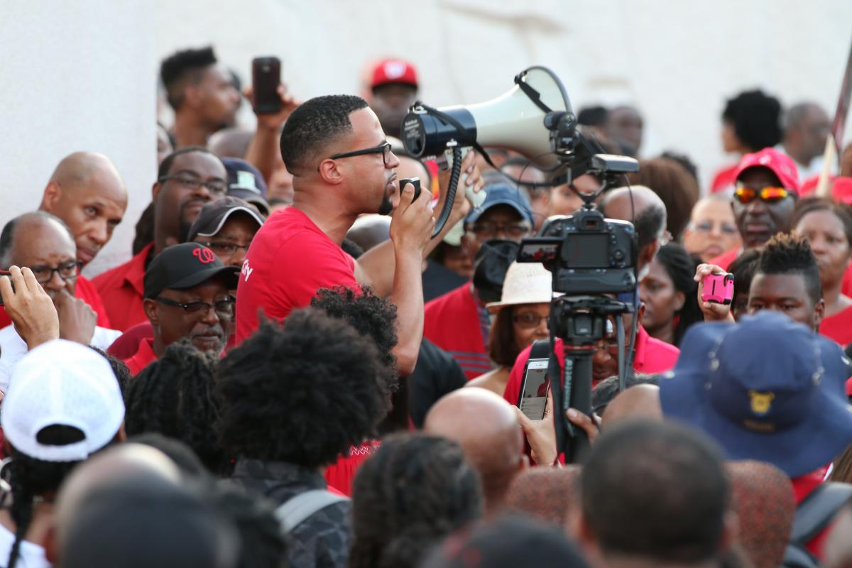 Miracle Temple Pastor David Franklin speaks at MLK Jr Memorial. Photo by David Turner