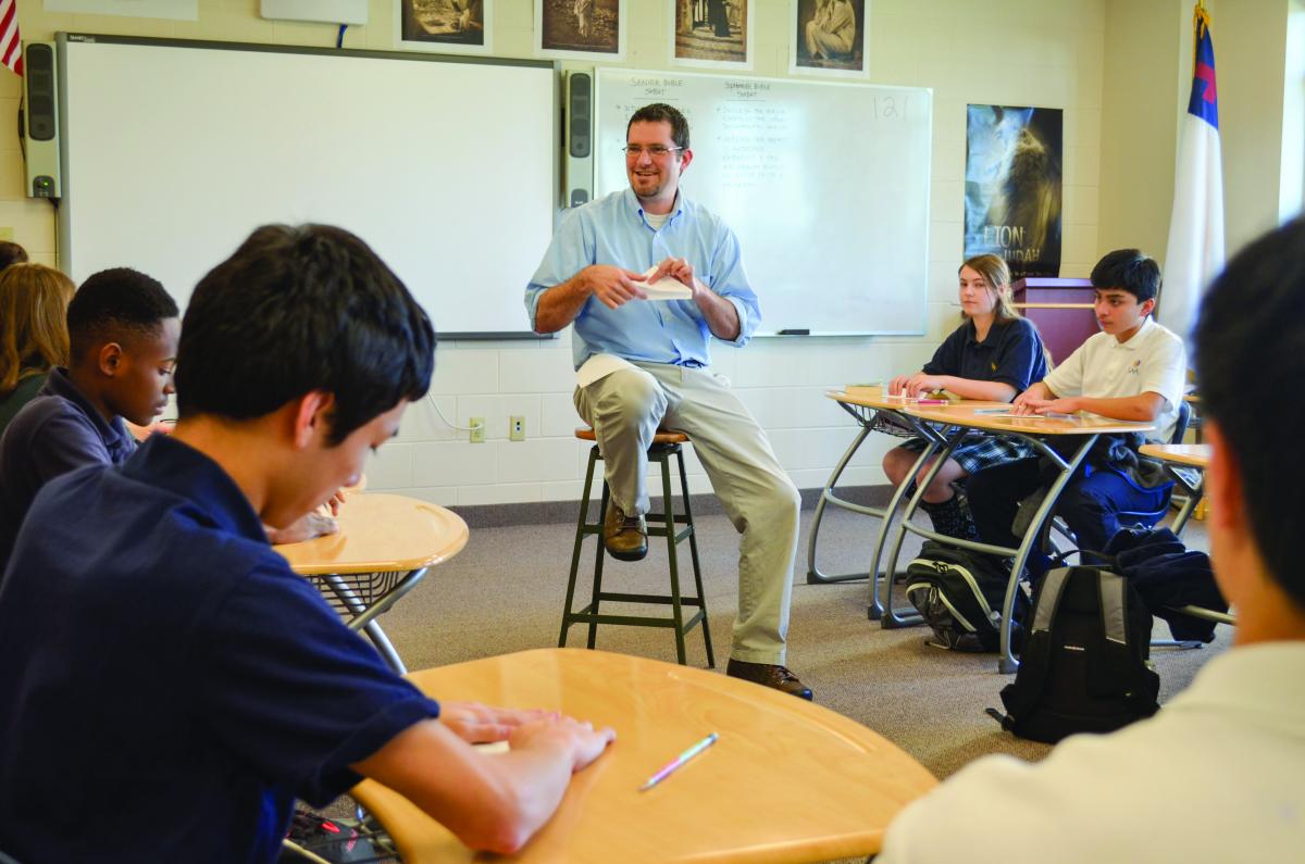 Tim Soper instructs a Sophomore Bible class at Spencerville Adventist Academy. Photo by Kelly Burler Coe.