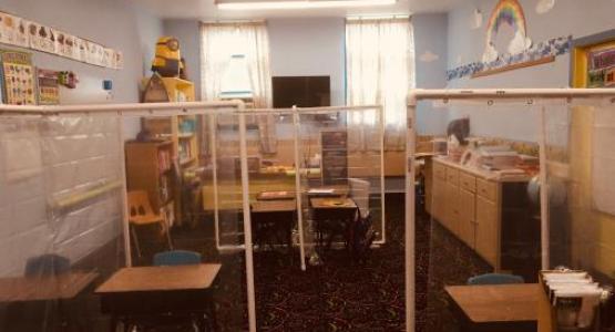 A classroom at Pennsylvania Conference's Mountain View Christian School displays some of their new social distancing features. 