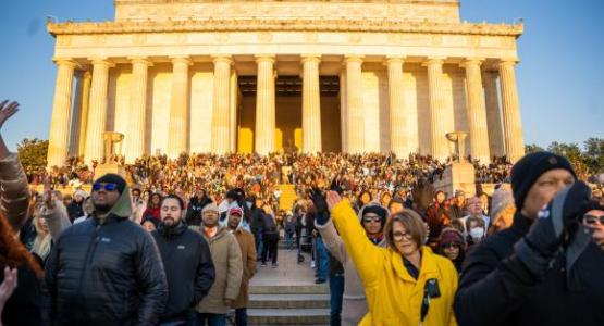 3.	The crowd gathered for the 43rd year on the steps of the Lincoln Memorial.
