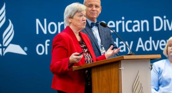 Andrea Luxton and Ken Shaw, executive director and president of AACU, respectively, share a report during NAD's year-end meeting. Photo by NAD Staff. Andrea Luxton and Ken Shaw, executive director and president of AACU, respectively, share a report during NAD's year-end meeting. Photo by NAD Staff.