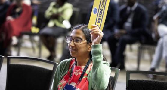 Leena Moses, a young adult delegate from the Potomac Conference, participates in the voting process during the General Conference Session. Photo by Nathaniel Reid/AME (CC BY 4.0) Leena Moses, a young adult delegate from the Potomac Conference, participates in the voting process during the General Conference Session. Photo by Nathaniel Reid/AME (CC BY 4.0)