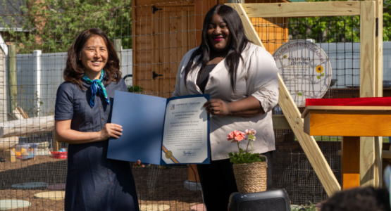 Atholton Principal Miya Kim at the schools new Outdoor Education Center Atholton Principal Miya Kim at the schools new Outdoor Education Center