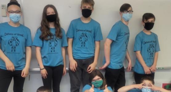 The Mansfield Calves of Steel robotics team, (back row, left to right) Alyvia, Samantha, Mikey, Cameron, Huck, (front row) Xander, Makayla and David, celebrate their Adventist Robotics League championship. Mansfield Seventh-day Adventist School
