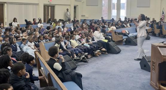 Tanya Muganda, conference Children’s Ministries director, presents to Ramah Christian Academy students during Week of Prayer. Ramah Christian Academy Holds Week of Prayer, Southeast church, Celeste Giles, Tanya Muganda