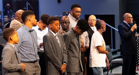 Young men come forward during an appeal on the last Sabbath of camp meeting. Allegheny West Conference, "Get Ready, Get Ready, Get Ready", Beacon of Hope Church, First Church of God