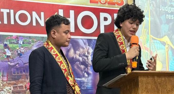 During spring break, student Joel Perez (right) preaches at an evangelistic series in the Philippines, accompanied by an interpreter. Students Make Big Impact During Spring Break, Blue Mountain Academy, El Naranjo, San Luis Potosí, Lipa Adventist Academy, Camp Kulaqua, Pennsylvania Conference, Kevin Costello, Arial Aires team