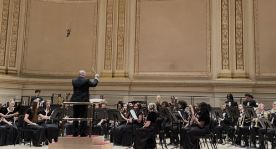 The high school band practices on stage at Carnegie Hall prior to their concert performance. The high school band practices on stage at Carnegie Hall prior to their concert performance.