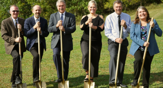 Tom Boggess, Planned Giving and Trust Services director; David Livergood, Martinsburg church pastor; Jerry Lutz, president; Melissa Bagget, Rocky Knoll principal; Mark Walker, retired associate education superintendent; and Janesta Walker, education superintendent, commemorate Rocky Knoll’s upcoming facility.