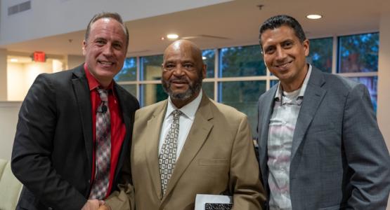 Rex Bowens Sr. (center), a local Methodist pastor, hosts a prophecy series at his church, presented by David Klinedinst (left), Chesapeake Conference Evangelism and Growth director, and John Rengifo, Chesapeake ministerial director. Chesapeake Conference, Methodist Church Hosts Adventist Prophecy Series, Jackson Chapel United Methodist Church, Messiah’s Mansion exhibit, Rex Bowens Sr., Mark Finley, John Rengifo, David Klinedinst