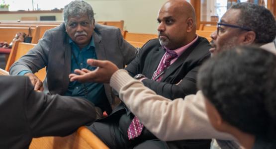 Church members share ideas as they reflect on the presentations during a “Seeds” conference. Members Gather to Focus on Church Planting, Chesapeake Conference, Annapolis Spanish church, Baltimore Spanish church, Orlando Rosales, Pavel Goia, Ministry magazine, Tim Madding
