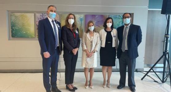 Speakers from Adventist HealthCare, The US Oncology Network and Maryland Oncology Hematology help to dedicate the new White Oak Cancer Center. From left to right: Anthony Stahl, President, Adventist HealthCare White Oak Medical Center, Mary Greenberg, Vice President, Service Lines, Adventist HealthCare, Ella Friedman, Senior Vice President, The US Oncology Network Operations, Tiffany Horvath, Director, White Oak Cancer Center, Kashif Firozvi, MD, Medical Director, White Oak Cancer Center