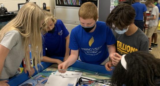 Sixth-graders Ava White, Zorik Bouz, David Constantine, Andon Gruia and Jeislined Rosario Rivera build mission components. Spring Valley Academy, LEGO Robotics