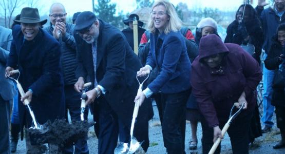 Grace Community church Pastor MyRon Edmonds, Allegheny West Conference President William T. Cox Sr., Euclid city Mayor Kirsten Holzheimer Gail and Euclid city Councilwoman Taneika Hill break ground for a new worship center in Euclid, Ohio.