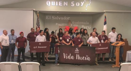 Representatives from the Lewisburg Spanish company, known as Vida Nueva, display their joy of being part of this year’s camp meeting.