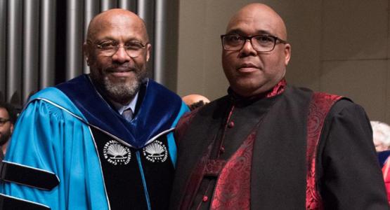 Jerome M. Hurst (right), senior pastor of the Southeast church, stands with keynote speaker Marvin A. McMickle, president of the Colgate Rochester Crozer Divinity School, during Hurst’s induction into the 33rd Martin Luther King Jr. Board of Preachers of Morehouse College ceremony.