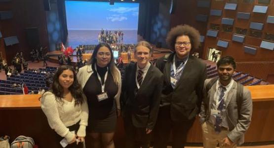 Highland View Academy seniors Alex Cruz, Julie Herter, Brandon Herd, Davian Neverson and Brendan Koilpillai attend The Hague International Model United Nations conference. Highland View Academy seniors Alex Cruz, Julie Herter, Brandon Herd, Davian Neverson and Brendan Koilpillai attend The Hague International Model United Nations conference.