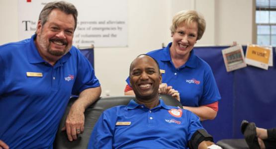 Jerry (center), pictured with Johnny and Stacey, donates blood during the blood drive. Jerry (center), pictured with Johnny and Stacey, donates blood during the blood drive.