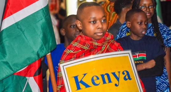 Dressed in traditional attire, third-grader Sean Onuanga and his friends showcase Kenya during the Black heritage chapel. Students Celebrate World Heritage Chapel Series, Lake Nelson Adventist Academy, Ghana, Jonathan Carrillo, Juliana Marson, John Pifer