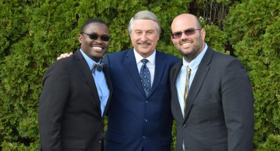 Chesapeake Conference President Jerry Lutz (center) congratulates West Wilmington pastors Elvis Mogoi (left) and Ricardo Cala (right) on the church’s 130-year anniversary. Chesapeake Conference, West Wilmington, Jerry Lutz, Elvis Mogoi