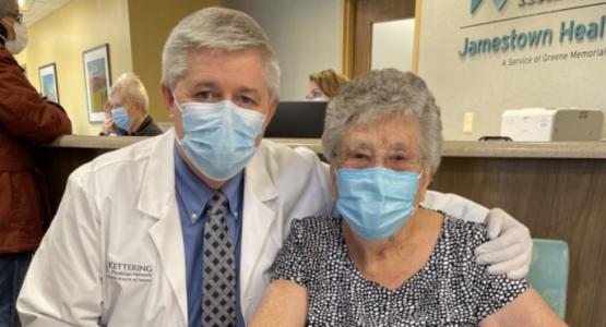 Iola Cramer, age 101, vaccinated during Governor DeWines’s press conference. Iola Cramer & Alfred McDaniel