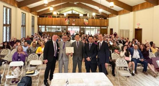 Abdiel Hernandez, a former New Jersey Conference (NJC) pastor; Ismael Nuñez, Ebenezer pastor; Stephen Lee, NJC president; Carlos Portanova, NJC treasurer; and Eduardo Monteiro, NJC executive secretary, recognize the Ebenezer church as an official congregation. Abdiel Hernandez, a former New Jersey Conference (NJC) pastor; Ismael Nuñez, Ebenezer pastor; Stephen Lee, NJC president; Carlos Portanova, NJC treasurer; and Eduardo Monteiro, NJC executive secretary, recognize the Ebenezer church as an official congregation.