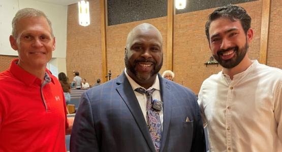 Speaker Eric Walsh, a practicing physician, is flanked by Principal Burney Culpepper (left) and Chaplain Antonio Gil. Blue Mountain Academy, Pennsylvania Conference