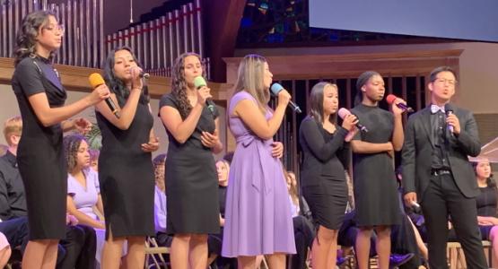 Class of 2023 praise team members Aubrey Herbert, Trinity Moguel, Emma Cuellar, Saray Castillo, Jaylin Villatoro, Anaiah McCalla and Leo Lam sing during the Senior Dedication. Shenandoah Valley Academy, Don Short, Potomac Conference
