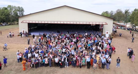 Camp meeting attendees stand in front of the new building in a celebratory photo. Conference Dedicates Pavilion, Celebrates Baptisms, Ohio Conference, Bob Cundiff, Vivo Worship, Tucker Trio, Marcellus T. Robinson