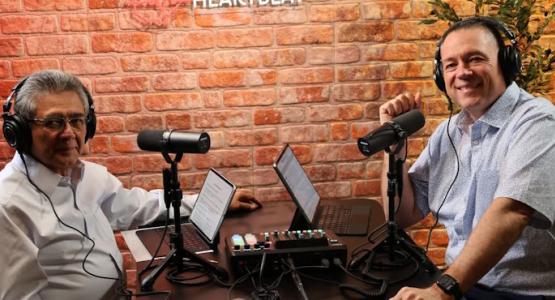 Ohio Conference Executive Secretary Oswaldo Magaña (left) and President Bob Cundiff record the Ohio Heartbeat podcast’s inaugural episode. Conference Launches New Studio, Ohio Conference, Bob Cundiff, Ohio Heartbeat podcast