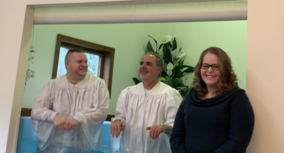 Tyler Roberts, Pastor Fred Shoemaker and Jessica Halye celebrate Roberts' baptism and Halye’s profession of faith at the Wilmington church. Tyler Roberts, Pastor Fred Shoemaker and Jessica Halye celebrate Roberts' baptism and Halye’s profession of faith at the Wilmington church.