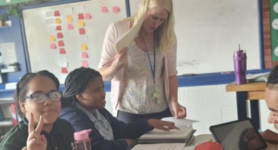 RJA teacher Jennifer Pettengill pictured with students. New Ministry Impacts Reading Junior Academy Students, Pennsylvania Conference, Blue Mountain Academy, Reading Kenhorst Boulevard church, Jennifer Pettengill
