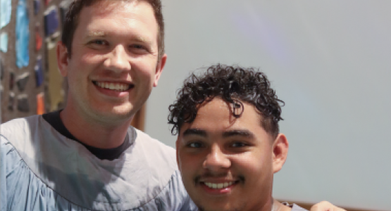 João Marques, alongside Blue Mountain Academy Pastor Adam Bially, celebrate his baptism together. João Marques, alongside Blue Mountain Academy Pastor Adam Bially, celebrate his baptism together.