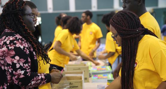 Pine Forge Academy students prepare personal care kits for those impacted by Hurricane Harvey. Photo by LaTasha Hewitt