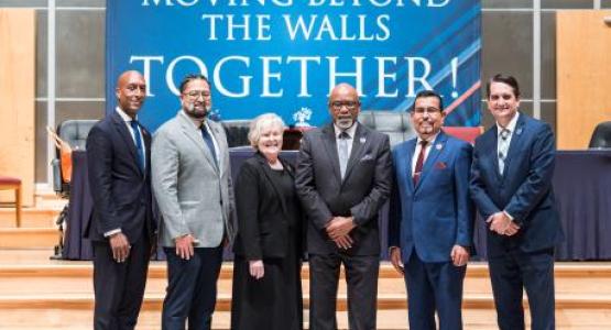 Re-elected to another five-year term were (left to right) John Nixon, vice president for Pastoral Ministries; Gabriel Madrid, vice president for Education; Karen Senecal, vice president for Finance; Charles A. Tapp, president; Jose Vazquez, vice president for Administration; and Rafael Soto, vice president for Hispanic Ministries. Photo by Tony Ventouris