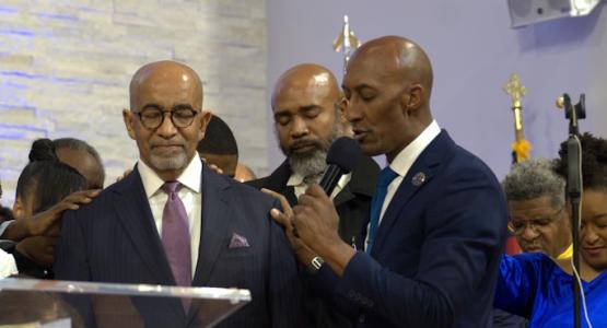 John Nixon (right), Potomac Conference’s vice president for Pastoral Ministries, prays over Dedrick Blue, the new senior pastor of the Seabrook church. A New Chapter Begins at Seabrook Church, Dedrick Blue, Damien Johnson,