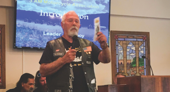 Richard “Cowboy” Smith, a member of the Point Pleasant church in W.Va., shares about the Three Angels’ Messengers Motorcycle Association during the special Biker Sabbath at the Toll Gate church. Richard “Cowboy” Smith, a member of the Point Pleasant church in W.Va., shares about the Three Angels’ Messengers Motorcycle Association during the special Biker Sabbath at the Toll Gate church.