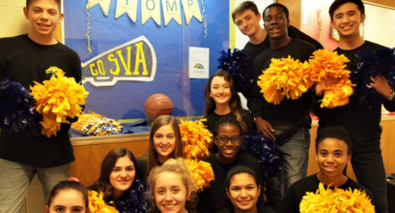 S.T.O.M.P. team members (front row) Nicole Mikov, Rachel Breakie, Grace Betances, Shaine Price; (middle row) Grace Lawrence, Annika Cambigue, Devaney Ross; and (back row) Kobe Wilkins, Ally McCoy, Ayden McCoy, Deejion Jackson-Cook and Max Shull promote school spirit in the SVA hallways.