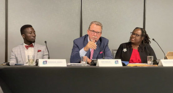 Columbia Union Treasurer Emmanuel Asiedu; Columbia Union President Dave Weigley; and Columbia Union Executive Secretary Celeste Ryan Blyden; lead the Columbia Union Conference Executive Committee Meeting