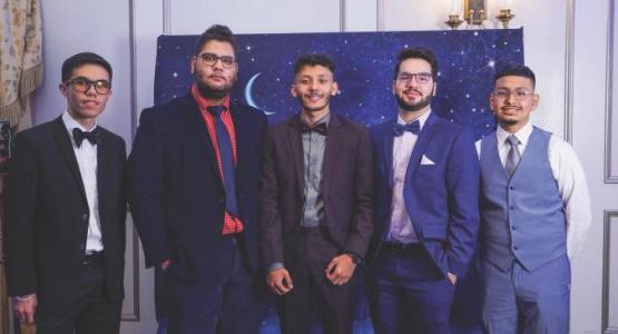 Lake Nelson Adventist Academy Class of 2021 students Timothy Herrick; Jorge Pontarelli, senior president; Juan Cueto, senior class pastor and Student Association sports coordinator; Ismael Nunez and Axel Villa dress up for the combined high school banquet.