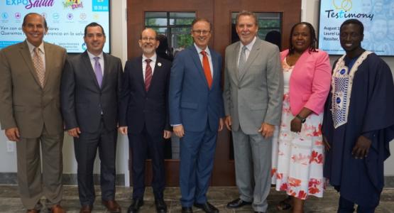 Left to right: Shawn Shives, conference executive secretary; Carlos Charnichart, former conference treasurer; Will Peterson, former conference vice president for administration; Gary Gibbs, conference president; Dave Weigley, Columbia Union president; Celeste Ryan Blyden, union executive secretary; and Emmanuel Asiedu, union treasurer, celebrate the dedication of the new Mission and Evangelism Center. Pennsylvania Conference, Mission and Evangelism Center