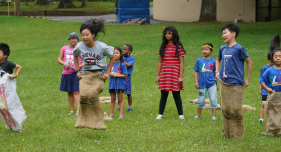 Kids sack race at Washington-Spencerville Korean church’s FLAG Camp in Silver Spring, Md. Chesapeake Conference, Mt. Aetna Retreat Center, Mt. Aetna Summer Camp