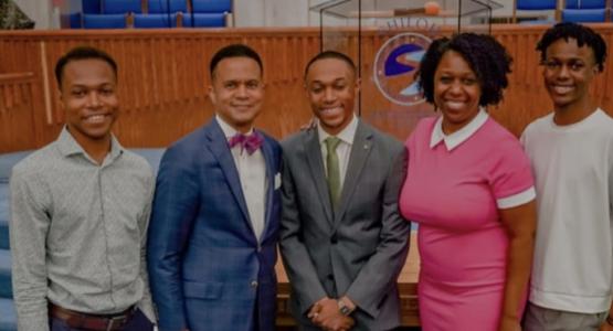 Furman F. Fordham III, flanked by his brother Irvin, his father, Furman, his mother, Jennifer, and his other brother Jennings, celebrate his installation as the new associate pastor of the Shiloh church. Furman F. Fordham, Shiloh church, Allegheny West