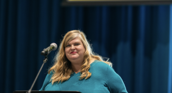 Lisa Moller, Spring Valley Academy’s high school English teacher, shares her testimony during a staff meeting devotional. Lisa Moller, Spring Valley Academy’s high school English teacher, shares her testimony during a staff meeting devotional.