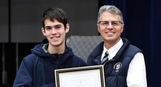 Principal Don Short (right) congratulates senior Michael Herold for achieving the distinction of Commended Student in the 2025 National Merit Scholarship Program, taking the place among an elite group of high school scholars nationwide. Senior Named National Merit ‘Commended Student’, Shenandoah Valley Academy, Don Short, NMSP, Michael Herold, 2023 Preliminary SAT/National Merit Scholarship Qualifying Test