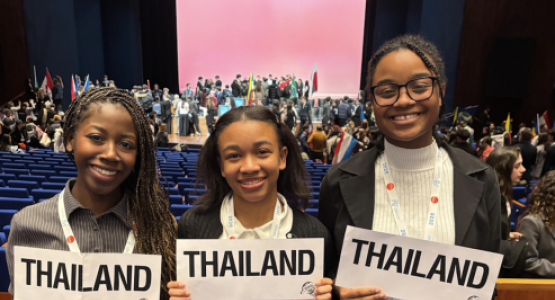 Jasmine Adams (‘26), Maegan Whitlock (‘27) and Paula Lewis (‘27) represent Takoma Academy at The Hague International Model United Nations event in the Netherlands.