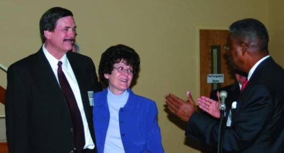Former Columbia Union Conference President Harold Lee greets the Whitsetts at Kingsley's retirement party in 2006. 