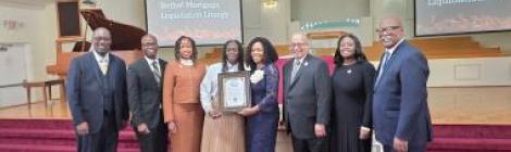 Pictured left to right: Ricky Martin, Bethel church senior pastor; Christ-Roi Cheres, head elder; Abdelle Cheres, member; Lisa Hood, elder of the Southeast church in Cleveland; Vivian Martin, member; Marvin C. Brown, III, Allegheny West Conference (AWC) president; Keisha Stubbs-Bone, AWC treasurer; and Joel Johnson, AWC executive vice president, cele- brate the church’s mortgage liquidation.