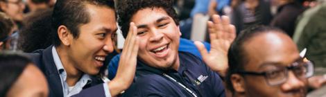 Ro Sang Puia, Chesapeake Conference’s youth pastor for the Eastern Shore, and Kevin Jimenez, a member of the Pennsylvania Conference’s Kennett Square (Pa.) Hispanic Company, enjoy a young adult summit activity. 