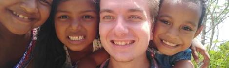 Student missionary Nathan Moravetz hangs out with three church friends in Yap.